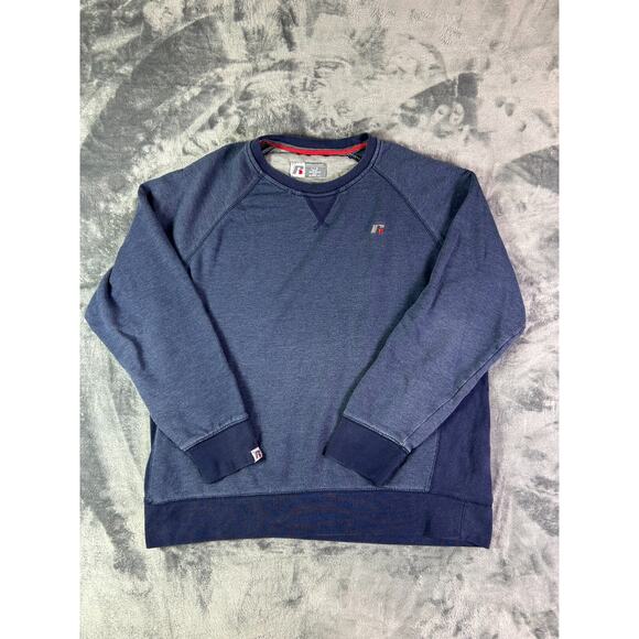 Y2K Russell Athletic Fleece Sweatshirt L Navy‎ Blue Crewneck Pullover Retro Logo - Picture 1 of 7